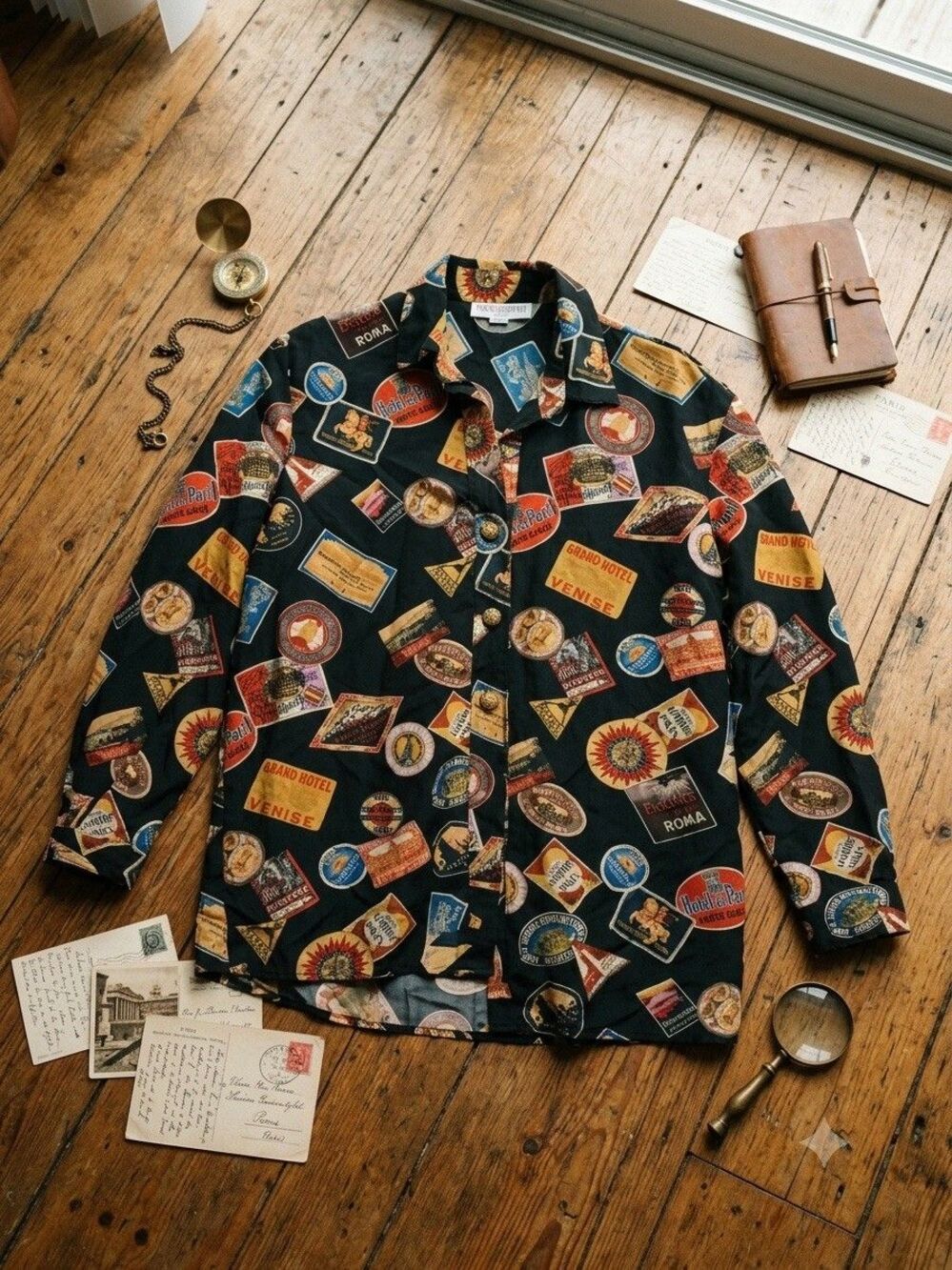 Vtg Van MacDowell Paris 100% Silk Hotel Luggage Label Print Shirt Black Travel M